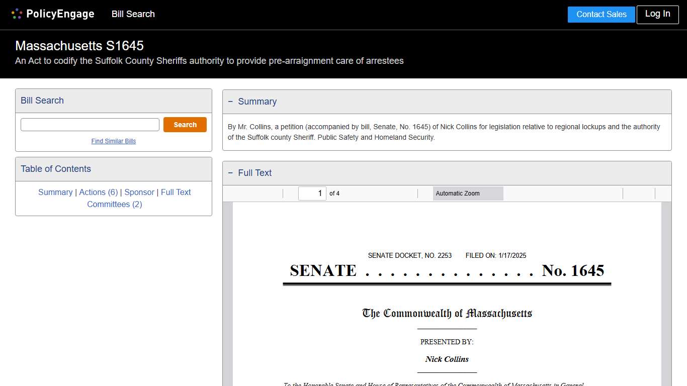 S1645 Massachusetts 2025-2026 An Act to codify the Suffolk County Sheriffs authority to provide pre-arraignment care of arrestees - Legislative Tracking PolicyEngage